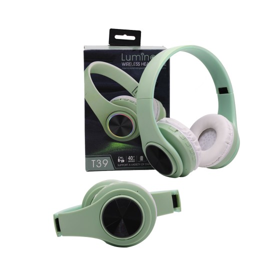 LUMINOUS WIRELESS HEADPHONE T39 TF/MICRO SD/HANDS-FREE WITH COLORFUL LED AND NOISE-CANCELING FEATURE 400MAH GREEN